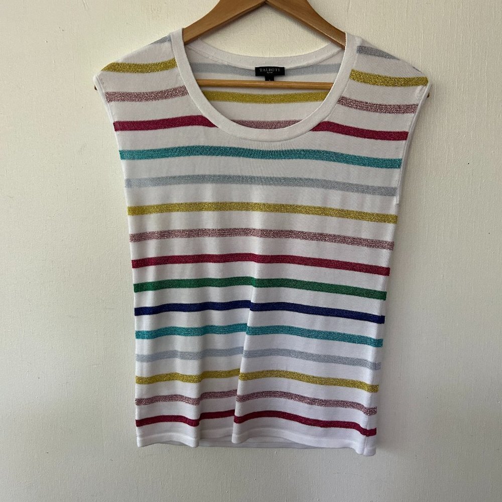 Talbots Rainbow Knit Sleeveless Top Womens Small Petite Metallic Striped‎
